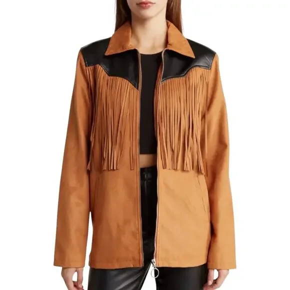 WeWoreWhat Fringe Western Faux Suede Jacket Acorn Brown and Black Medium NWT - Picture 1 of 10